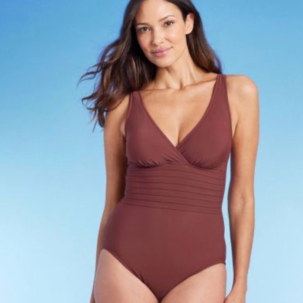 Aqua Green Women’s UPF 50 Waist Detail One Piece Swimsuit Brown/maroon‎ Small